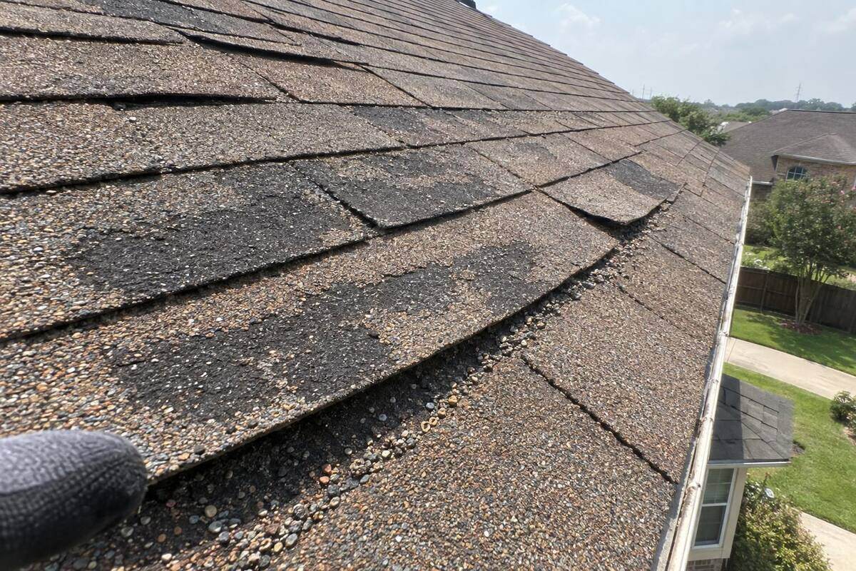 Close view of worn asphalt shingles with bare dark patches where the granules have washed off