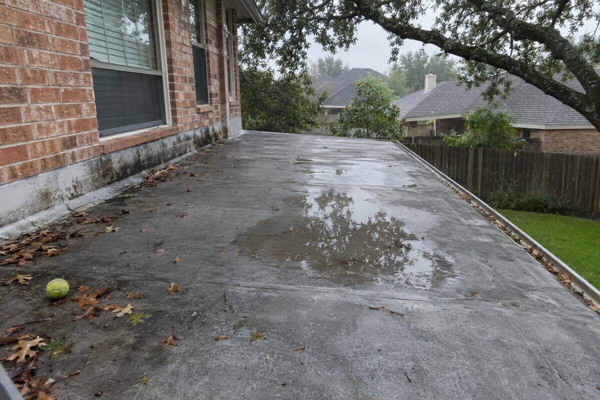 Low-slope patio cover roof with a gray membrane surface attached to the back of a brick house, a puddle standing near the edge