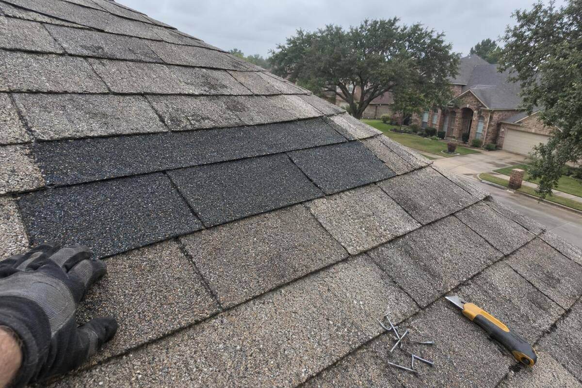 A row of new shingles set into an older faded shingle roof, showing the color difference